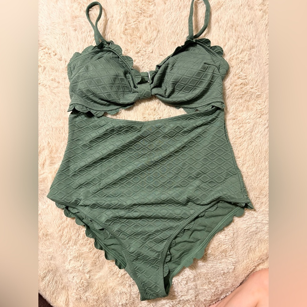 Textured Olive Green one-Piece Tankini Set